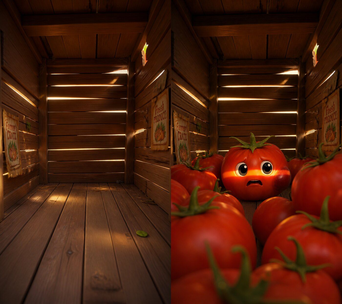 Left: the empty crate reference. Right: the finished keyframe for shot 5, with Main Tomato placed in the same crate