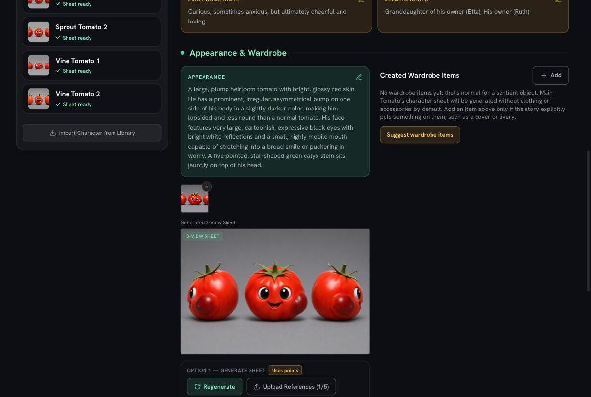 The 3-view character sheet for Main Tomato beside the appearance text that generated it