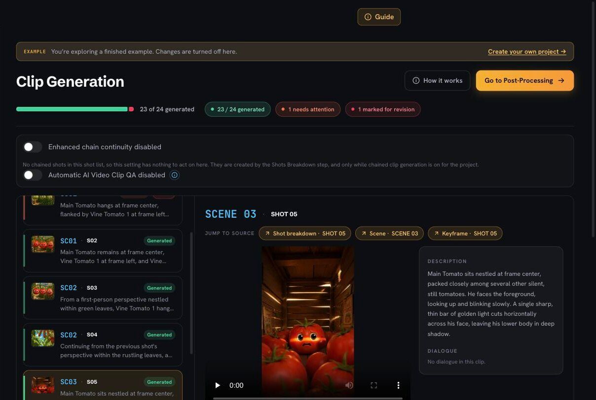 Clip Generation for shot 5: the generated clip above its keyframe, with the description beside it