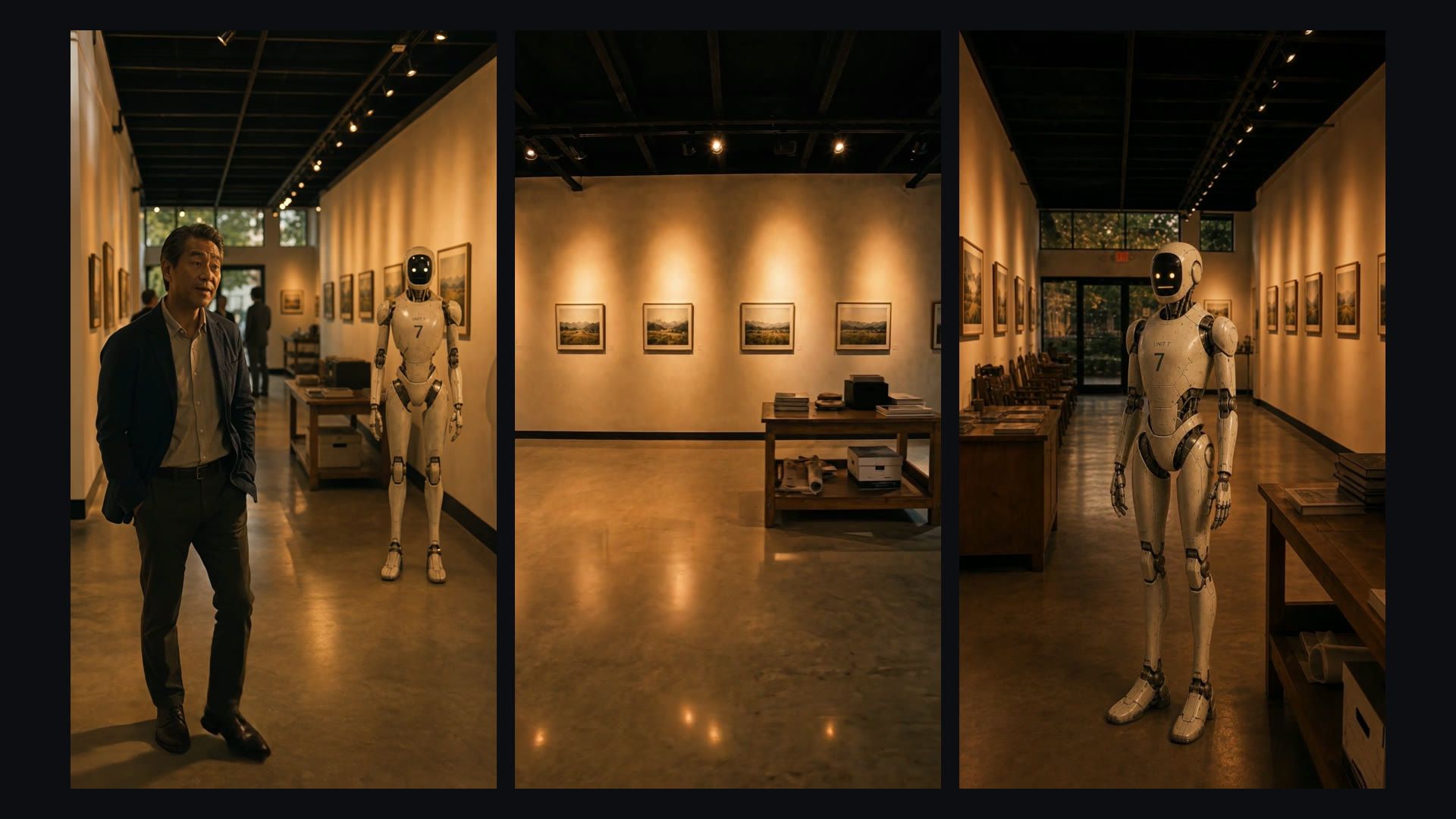 Three frames from one scene side by side. A gallery visitor beside a robot, an empty wall of landscape paintings, and the robot alone.