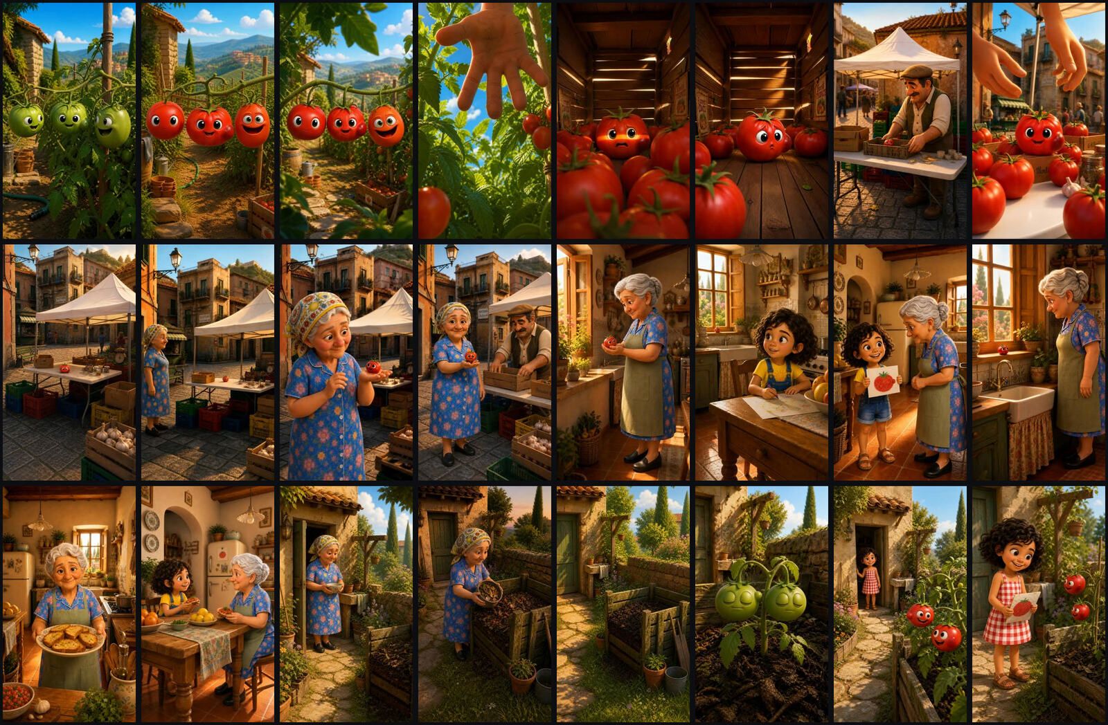 All 24 shots of the short film Second Season laid out as a contact sheet — the same tomato, the same grandmother, the same kitchen, shot after shot