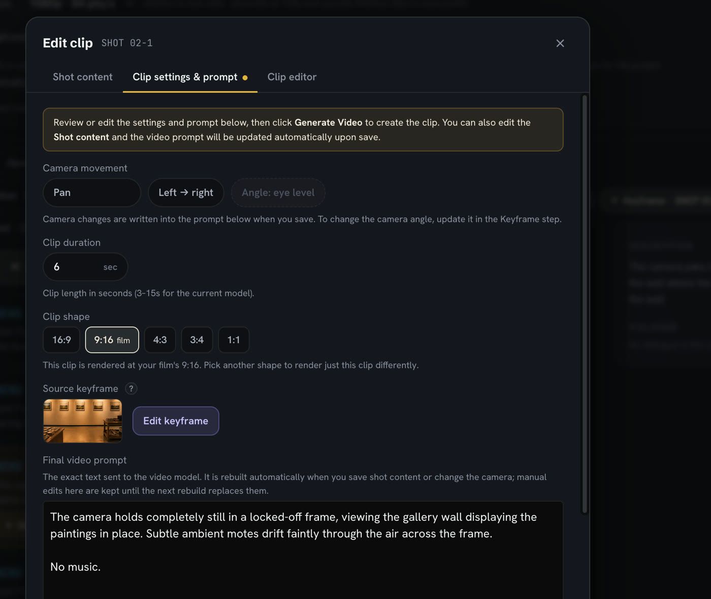 The clip settings for S02-1, showing a 6-second duration and a short, dialogue-free prompt