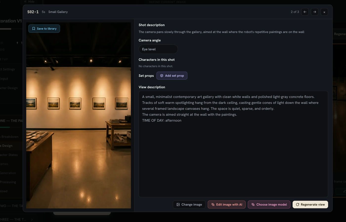 The scene view for S02-1: the empty gallery wall with its framed landscapes