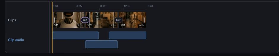 The Edit timeline with three clips and their audio drawn on two tracks
