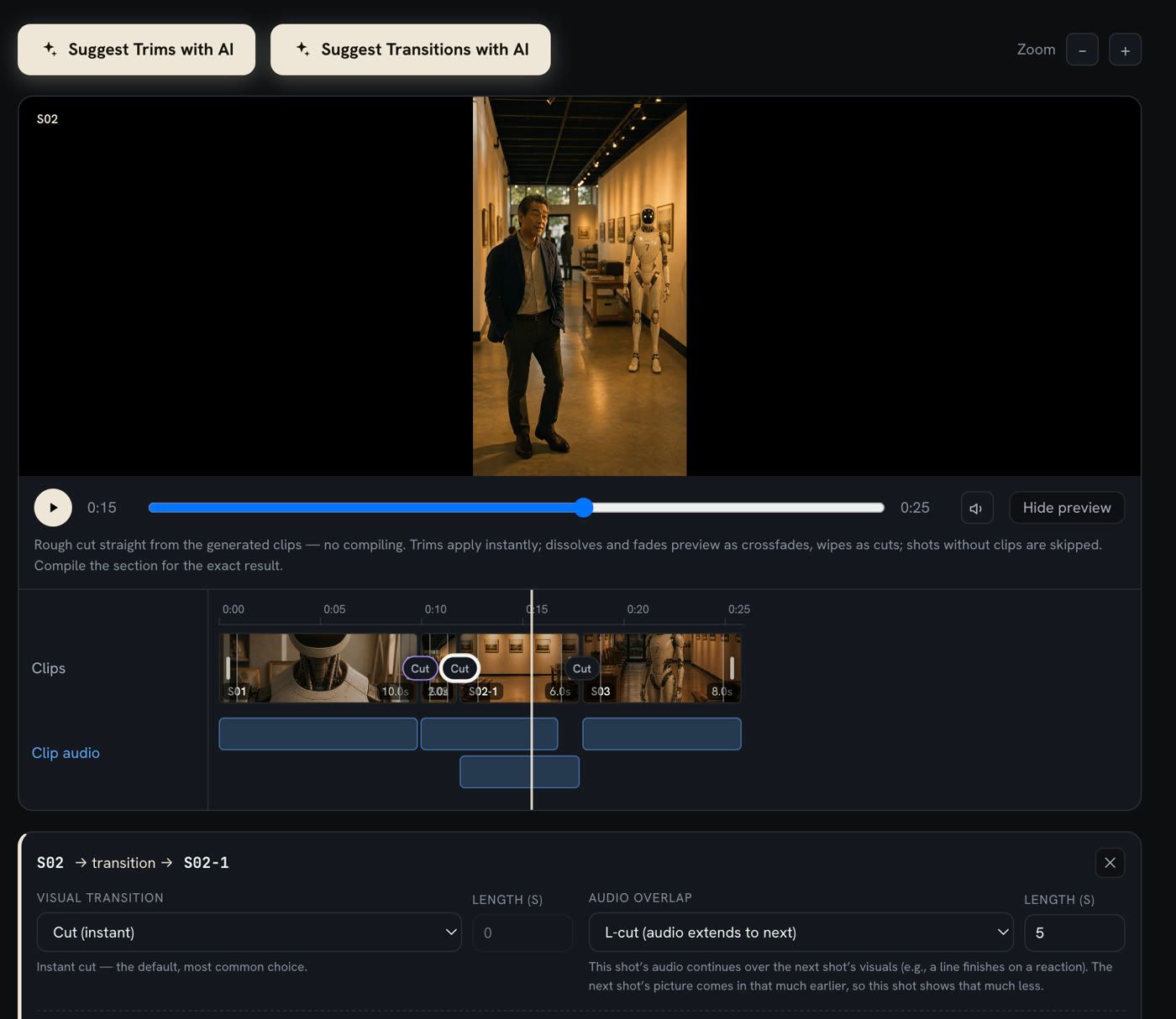 The Edit timeline with a 5-second L-cut from S02 onto the cutaway, the audio drawn on two tracks