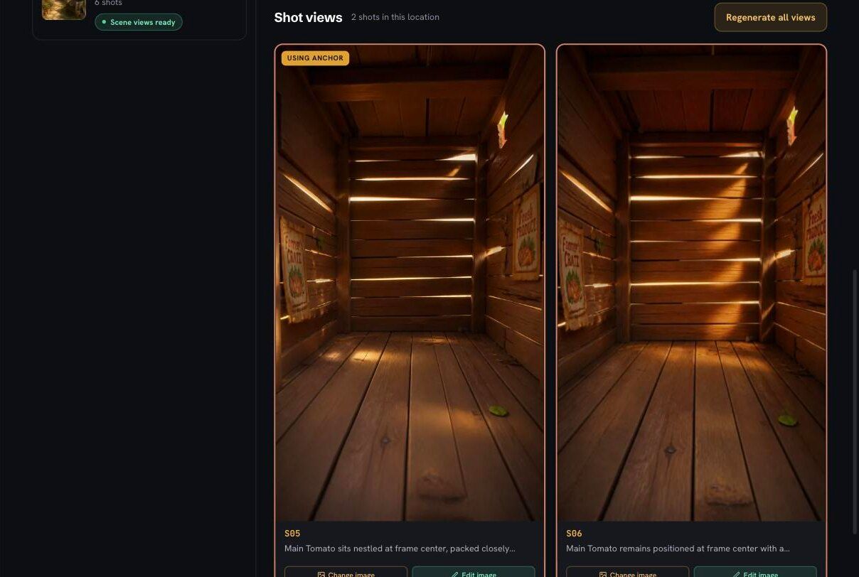 Scene Design: the empty set views for shots 5 and 6 inside the crate, both derived from the location's reference image