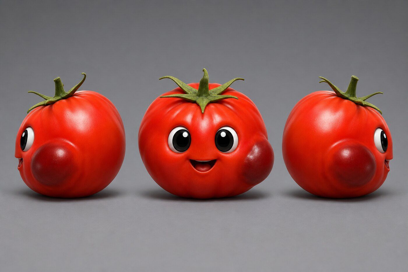 Main Tomato's three-view reference sheet: front, three-quarter and profile