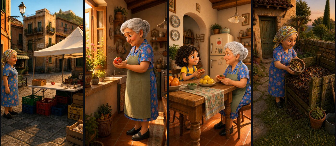 Ruth in four shots across two locations: head scarf at the market and in the backyard, apron in the kitchen