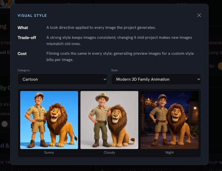 The Visual Style picker, showing the same style rendered sunny, cloudy and at night