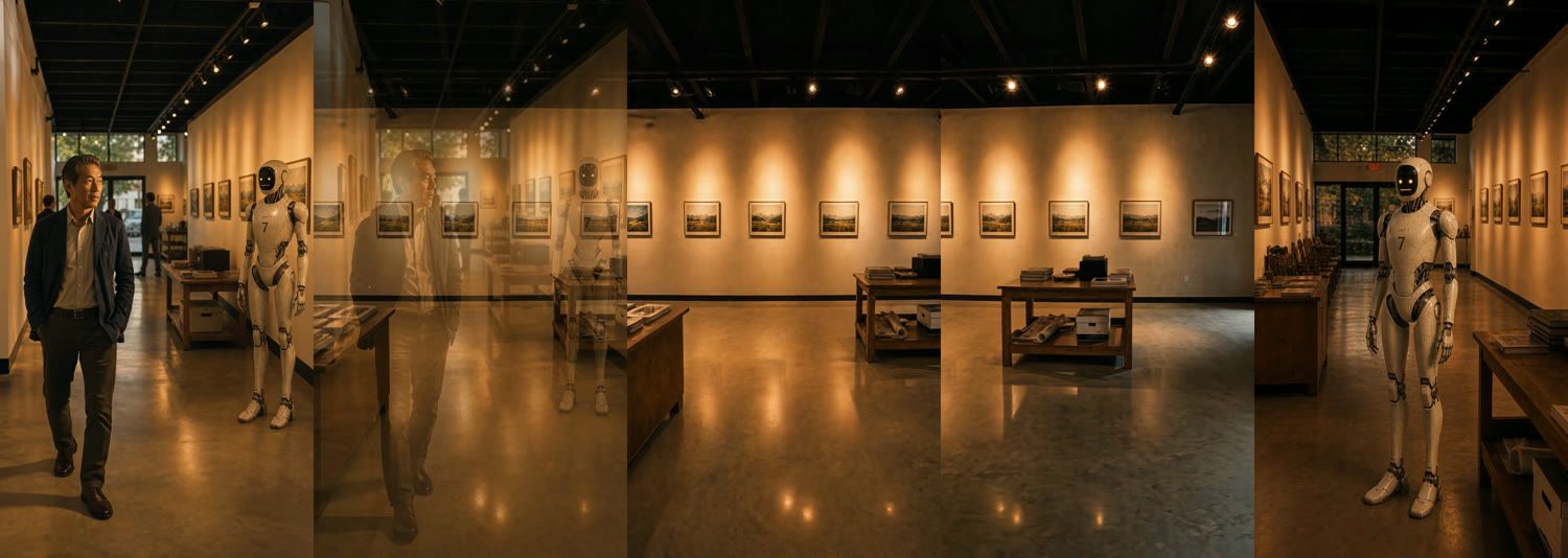 Five frames of the compiled scene: the visitor walking, dissolving into the wall of paintings, the paintings, then the robot alone