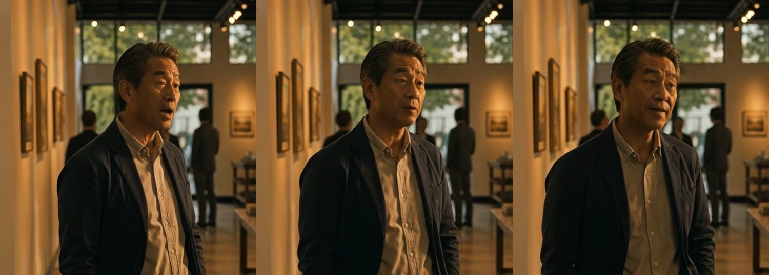 Three frames of the gallery visitor, mouth moving mid-sentence